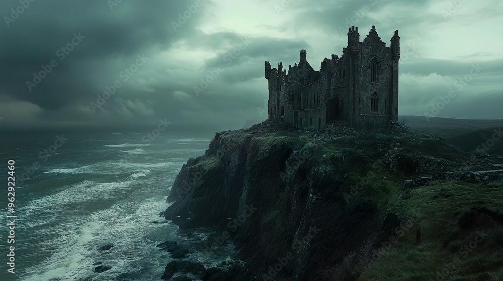A crumbling haunted castle perched on a cliff, its decaying walls and towers weathered by time, casting an ominous shadow over the rocky precipice and misty abyss below. A crumbling haunted castle perched on a cliff, its decaying walls and towers weathered by time, casting an ominous shadow over the rocky precipice and misty abyss below.