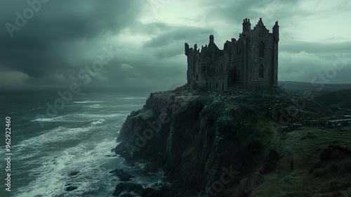 A crumbling haunted castle perched on a cliff, its decaying walls and towers weathered by time, casting an ominous shadow over the rocky precipice and misty abyss below.