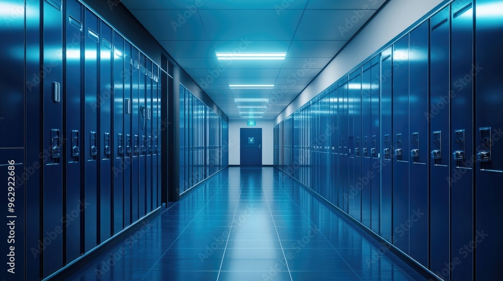 A futuristic hallway with AI-generated blue lockers, featuring a smooth and modern design, ideal for educational or tech themes A futuristic hallway with AI-generated blue lockers, featuring a smooth and modern design, ideal for educational or tech themes
