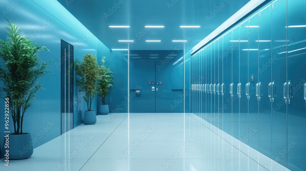 A modern hallway with AI-designed blue lockers, featuring a futuristic and polished look, perfect for educational environments A modern hallway with AI-designed blue lockers, featuring a futuristic and polished look, perfect for educational environments