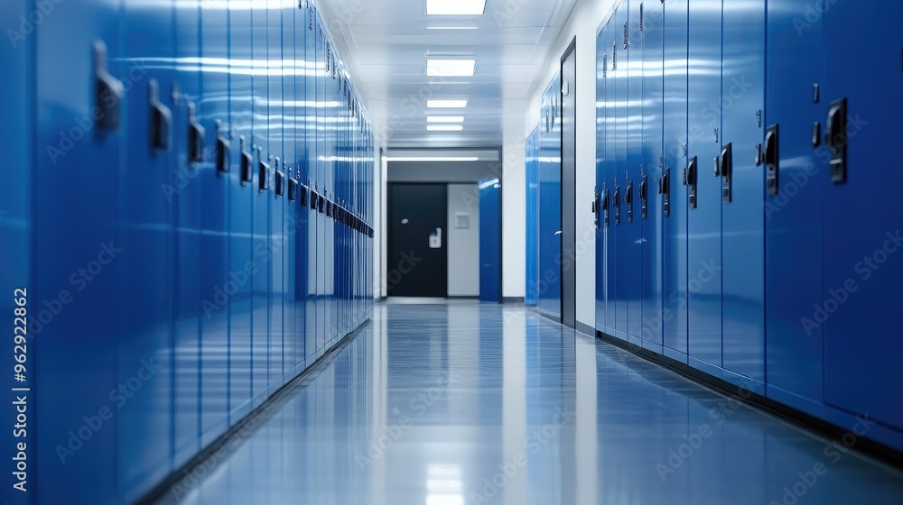 A modern hallway with AI-designed blue lockers, featuring a futuristic and polished look, perfect for educational environments A modern hallway with AI-designed blue lockers, featuring a futuristic and polished look, perfect for educational environments