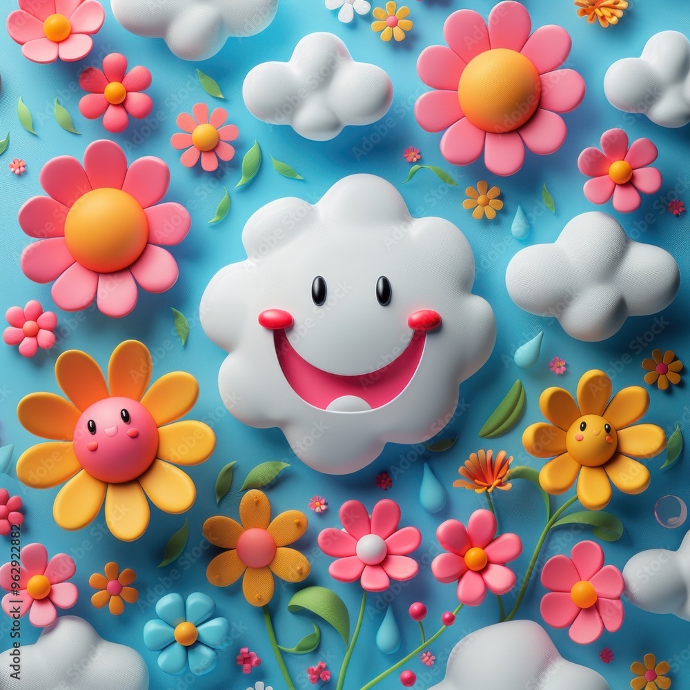 A colorful and cheerful scene of a smiling flower surrounded by clouds A colorful and cheerful scene of a smiling flower surrounded by clouds