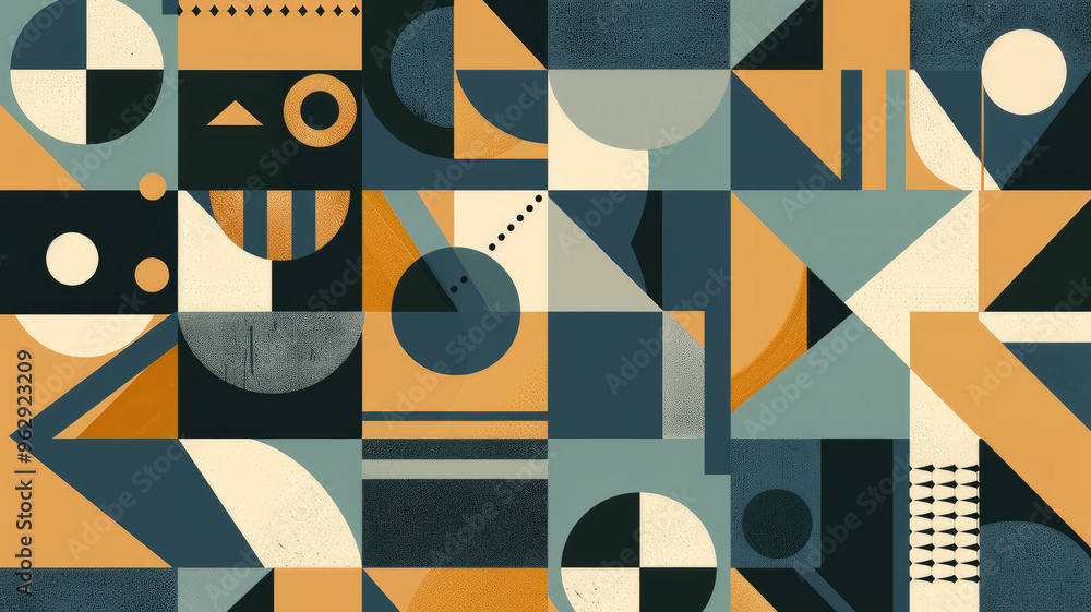 Abstract Bauhaus style seamless pattern with geometric shapes featuring triangles, circles and squares in deep teal, gold and charcoal