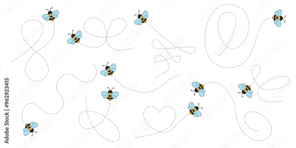 Hand Drawn Cartoon Bee Flying on a Dotted Route. Vector illustration isolated on background. Hand Drawn Cartoon Bee Flying on a Dotted Route. Vector illustration isolated on background.
