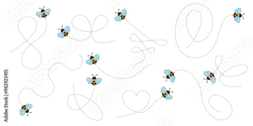 Hand Drawn Cartoon Bee Flying on a Dotted Route. Vector illustration isolated on background.
