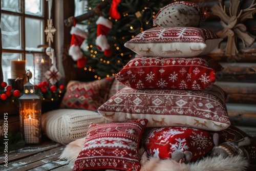 Many pillows stacked on top of each other near a christmas tree