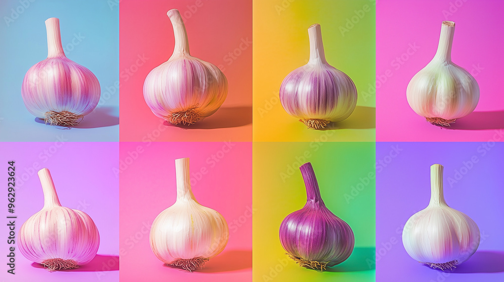 This is a collage featuring different garlic bulbs, displayed on bright fluorescent backgrounds in various colors such as pink, yellow, green, blue, and more This is a collage featuring different garlic bulbs, displayed on bright fluorescent backgrounds in various colors such as pink, yellow, green, blue, and more