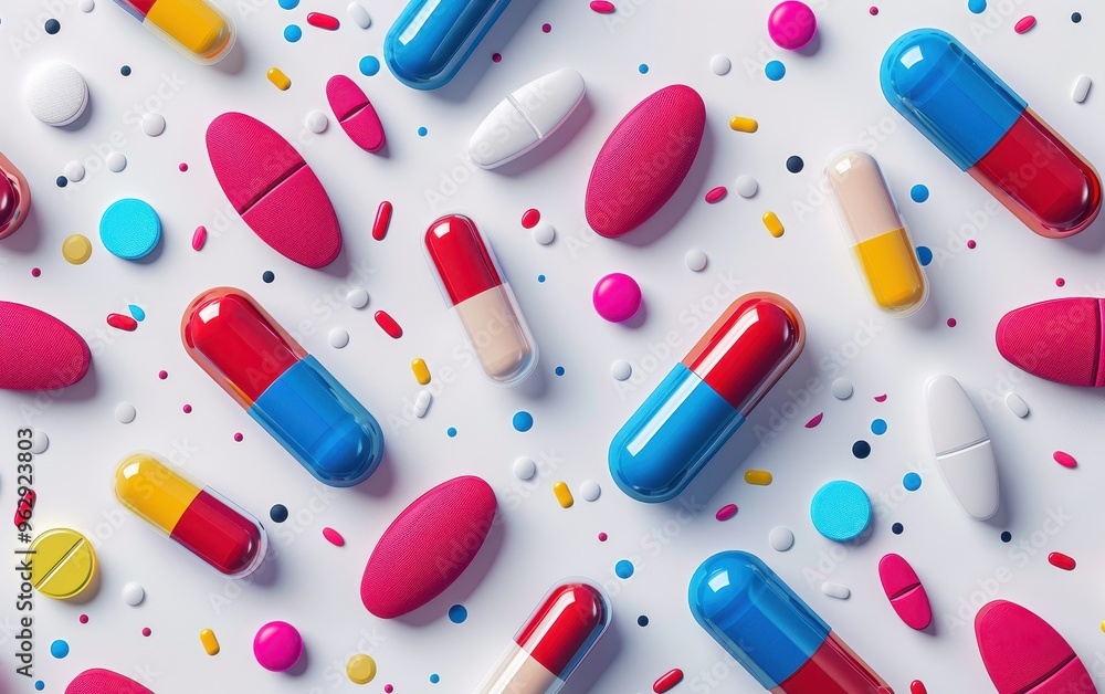 Colorful Pills Scattered on White Background Colorful Pills Scattered on White Background