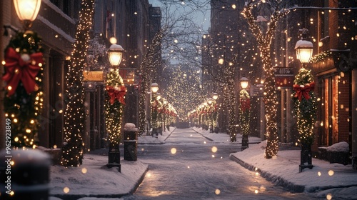 A snowy street with lampposts wrapped in Christmas lights and wreaths, creating a festive atmosphere in the city