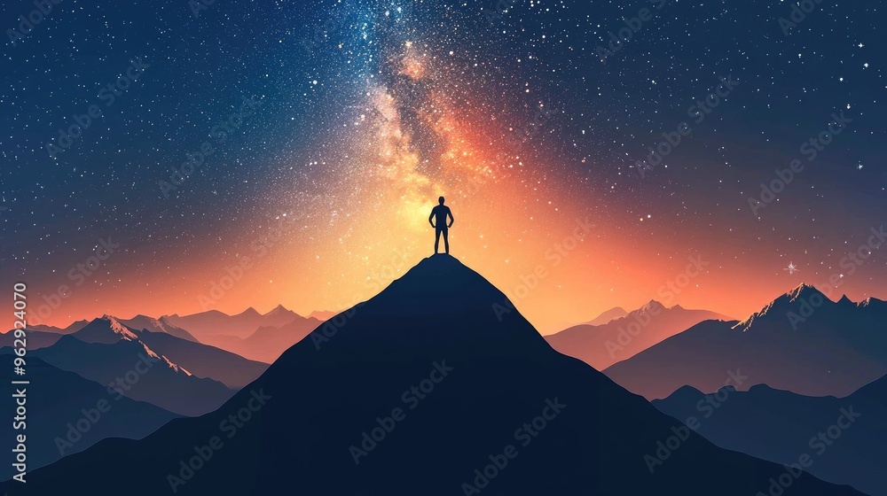 A Silhouette Stands on a Mountaintop, Gazing at the Milky Way, Night Sky, Starry Night, Nature, Outdoor, Landscape, Dark, Mountains, Galaxy, Space, Stars, Universe A Silhouette Stands on a Mountaintop, Gazing at the Milky Way, Night Sky, Starry Night, Nature, Outdoor, Landscape, Dark, Mountains, Galaxy, Space, Stars, Universe