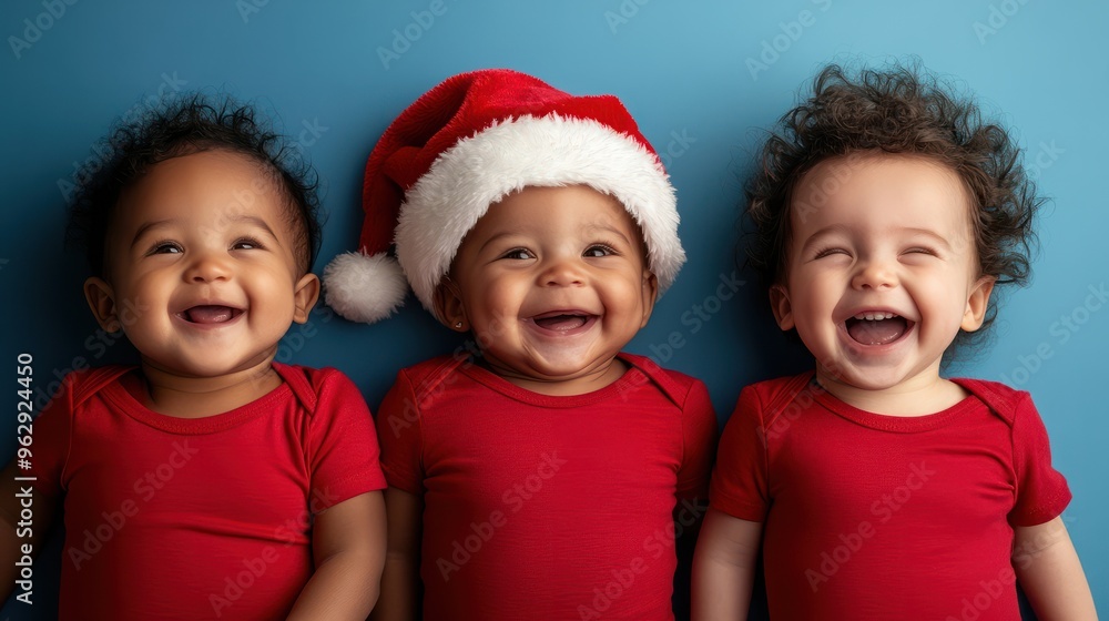 happy multiethnic babies weraing santa hat and red t-shirts smiling and laughing on a blue background with copy space, panoramic banner for christmas advertising or concept design, copy space
