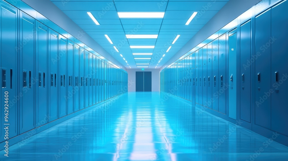 A vibrant hallway with a row of blue lockers created using generative AI, featuring clean lines and a futuristic look A vibrant hallway with a row of blue lockers created using generative AI, featuring clean lines and a futuristic look