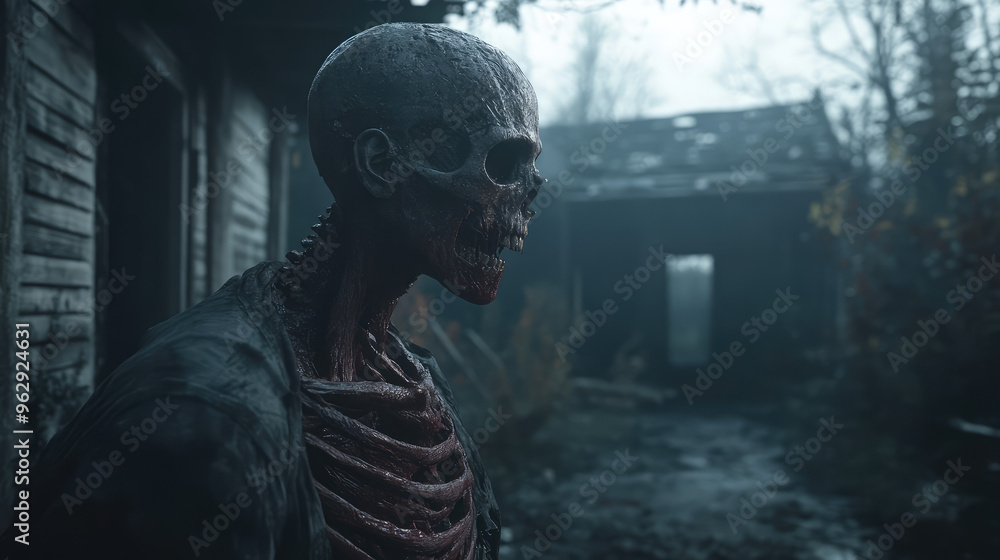 A skeleton with red eyes and a bloody face stands in front of a house A skeleton with red eyes and a bloody face stands in front of a house