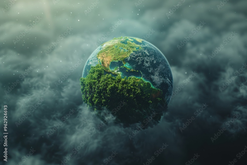 A planet covered in trees and clouds A planet covered in trees and clouds