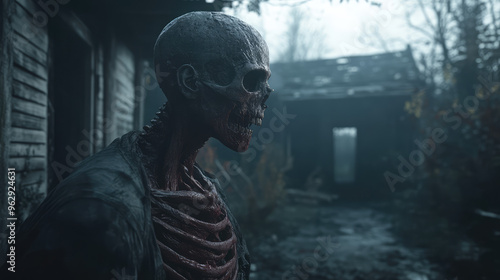 A skeleton with red eyes and a bloody face stands in front of a house