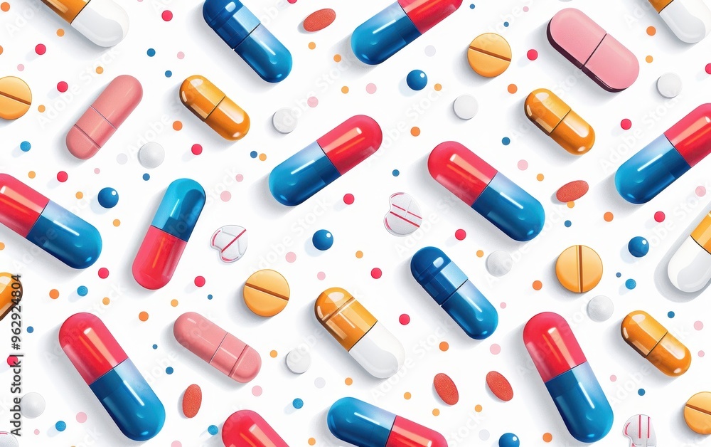 Colorful Pills and Tablets Scattered on a White Background Colorful Pills and Tablets Scattered on a White Background