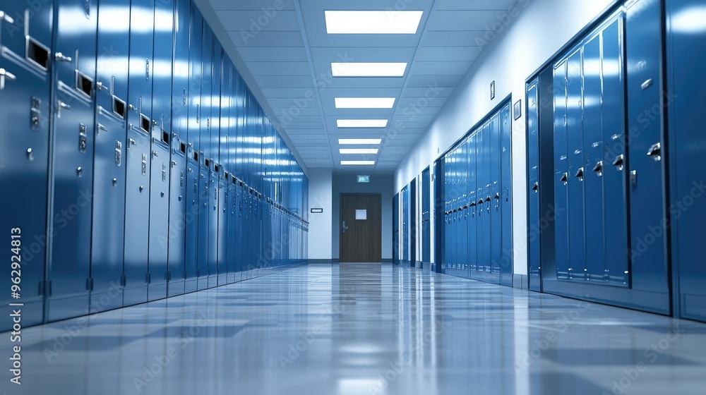 AI-generated hallway with a series of blue lockers, featuring sharp, clean designs and a contemporary aesthetic AI-generated hallway with a series of blue lockers, featuring sharp, clean designs and a contemporary aesthetic