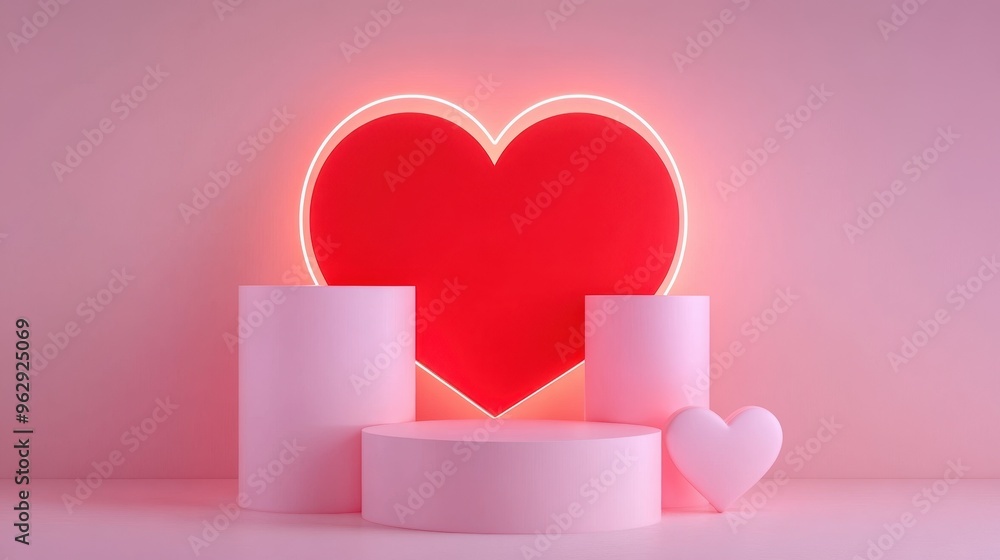 White cylinder stand podium 3D background with neon heart shape scene,Valentine wall scene mockup products showcase,Promotion display,Vector geometric form,Mockup product display,Stage showcase. White cylinder stand podium 3D background with neon heart shape scene,Valentine wall scene mockup products showcase,Promotion display,Vector geometric form,Mockup product display,Stage showcase.