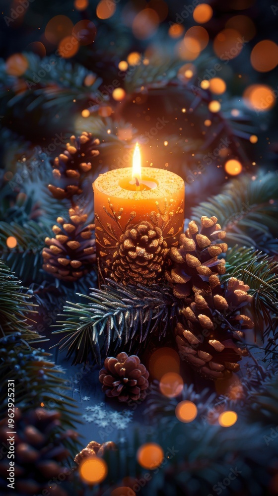 Candle that is lit on a pine branch, christmas Candle that is lit on a pine branch, christmas