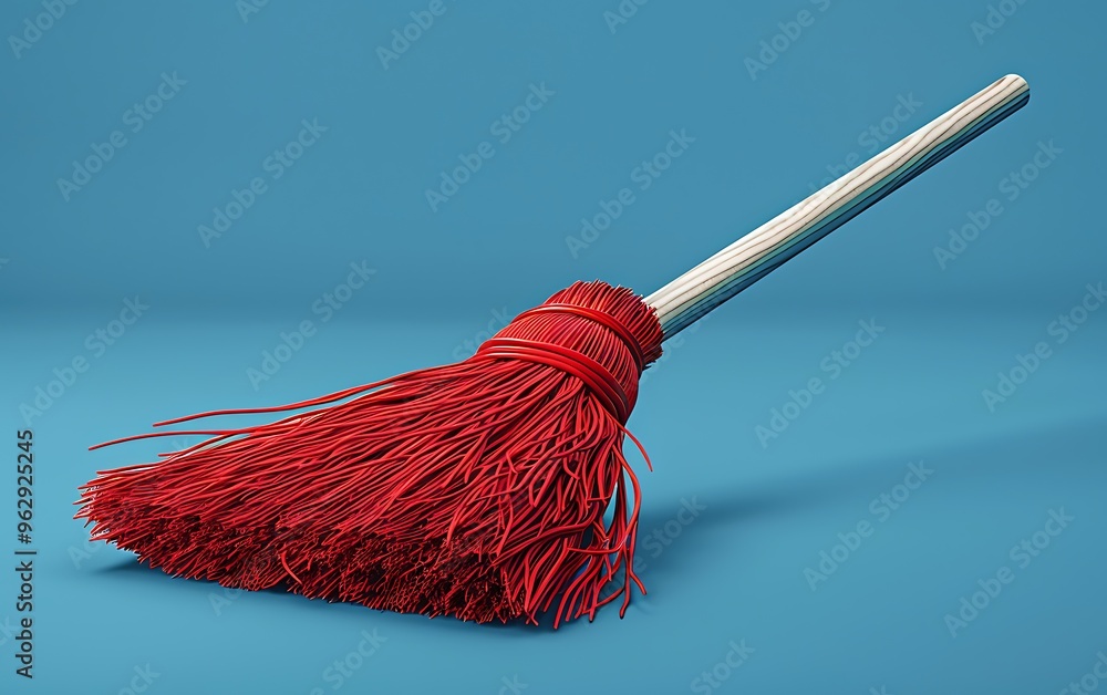 A red broom with a silver handle lies on a blue surface. A red broom with a silver handle lies on a blue surface.