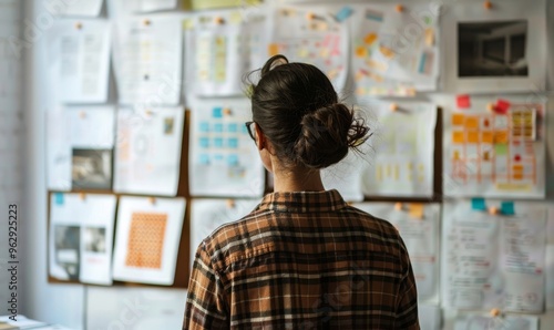 woman reviewing design materials on office wall, symbolizing creativity and innovation in a workspace, captured in a slightly blurred focus, with details like a low bun adding character