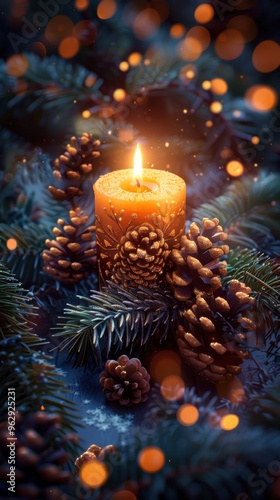 Candle that is lit on a pine branch, christmas