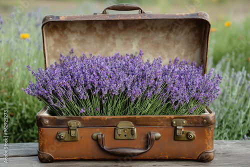 bouquet of lavender in an old suitcase photo