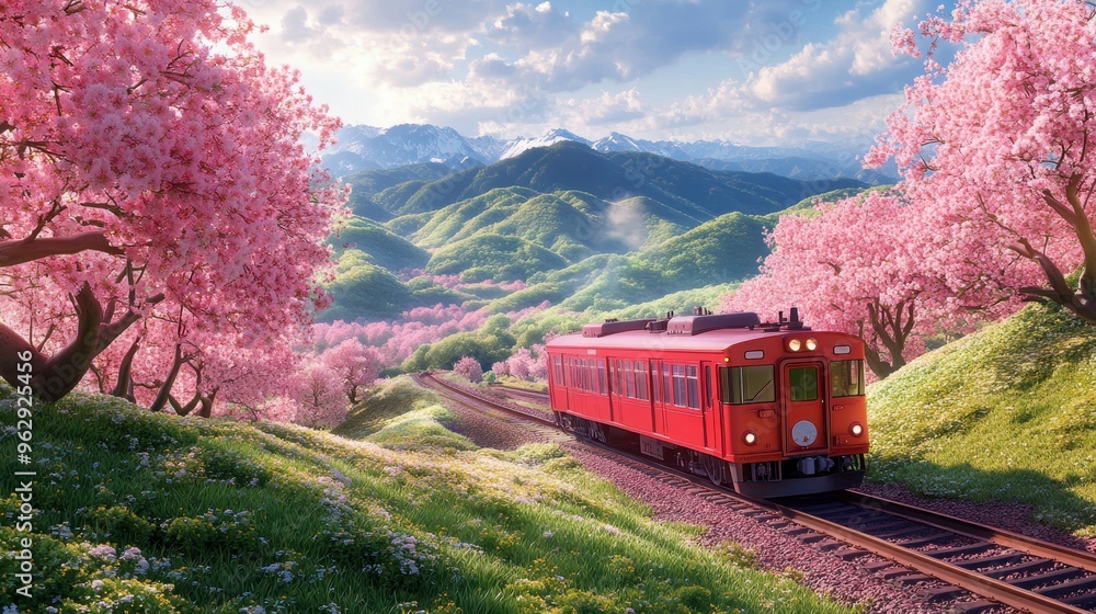 Naklejka premium Cherry blossom with Red train in spring in Japan or Korea is the popular view spot,Illustration of Japanese spring,Panorama travel,tour advertising of world famous landmarks of Japan,autumn season.