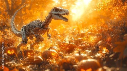 A velociraptor skeleton walking through a pumpkinfilled field with eerie mist and dry leaves swirling around, perfect for Halloween ads photo