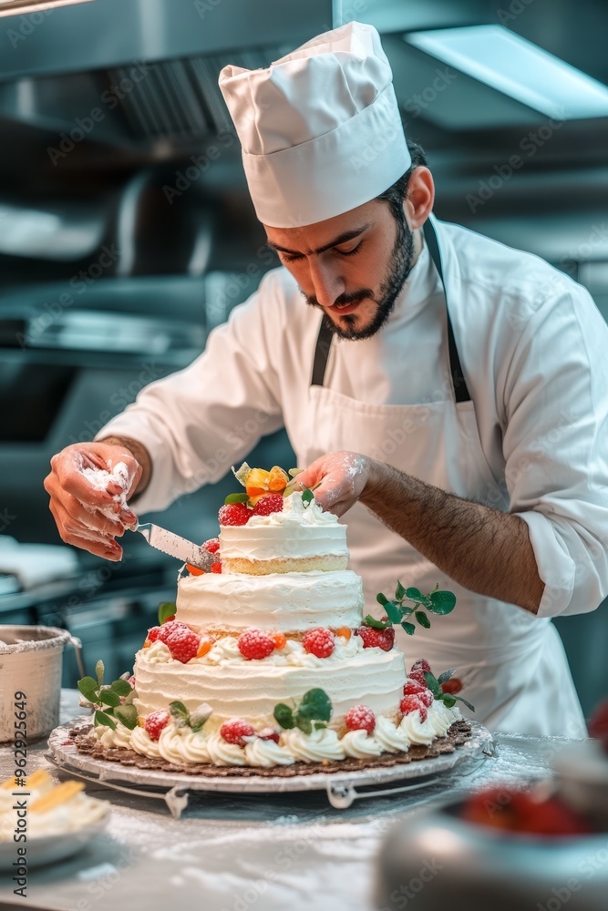 A baker carefully icing a multi-layered cake in a bright, clean kitchen A baker carefully icing a multi-layered cake in a bright, clean kitchen