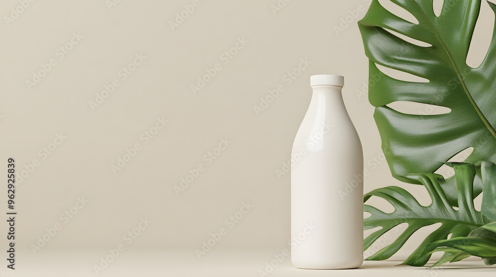 White Bottle Mockup with Tropical Leaves on Beige Background White Bottle Mockup with Tropical Leaves on Beige Background