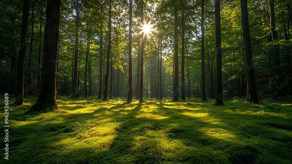 Sunbeams shine through a dense forest, illuminating the mossy ground. Sunbeams shine through a dense forest, illuminating the mossy ground.