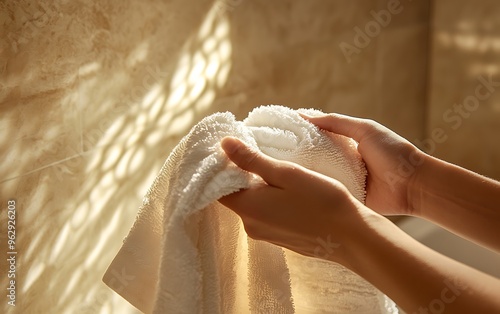 Wallpaper Mural Serene Bathroom Scene: Close-Up of Hands Holding Delicate Towel in Stylish Setting with Soft Light Illumination Torontodigital.ca