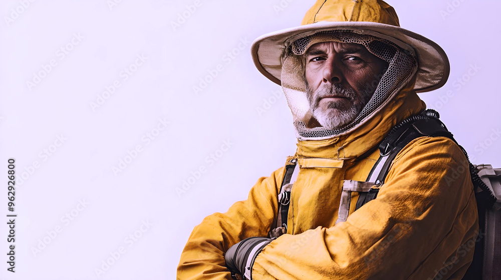 Obraz premium A beekeeper wearing protective gear, including a yellow suit and netted hat, stands confidently with crossed arms, ready to tend to the bees.