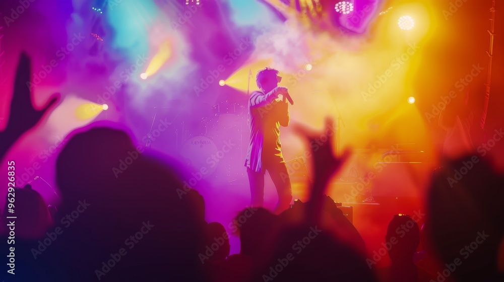 A singer fervently reaches out to the crowd in a colorful, smoke-filled venue, capturing the essence of a live performance’s electrifying atmosphere. A singer fervently reaches out to the crowd in a colorful, smoke-filled venue, capturing the essence of a live performance’s electrifying atmosphere.