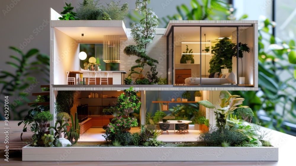 A beautifully designed model house with lush green plants, presenting an ideal contemporary home integrating nature, modernity, and elegance. A beautifully designed model house with lush green plants, presenting an ideal contemporary home integrating nature, modernity, and elegance.