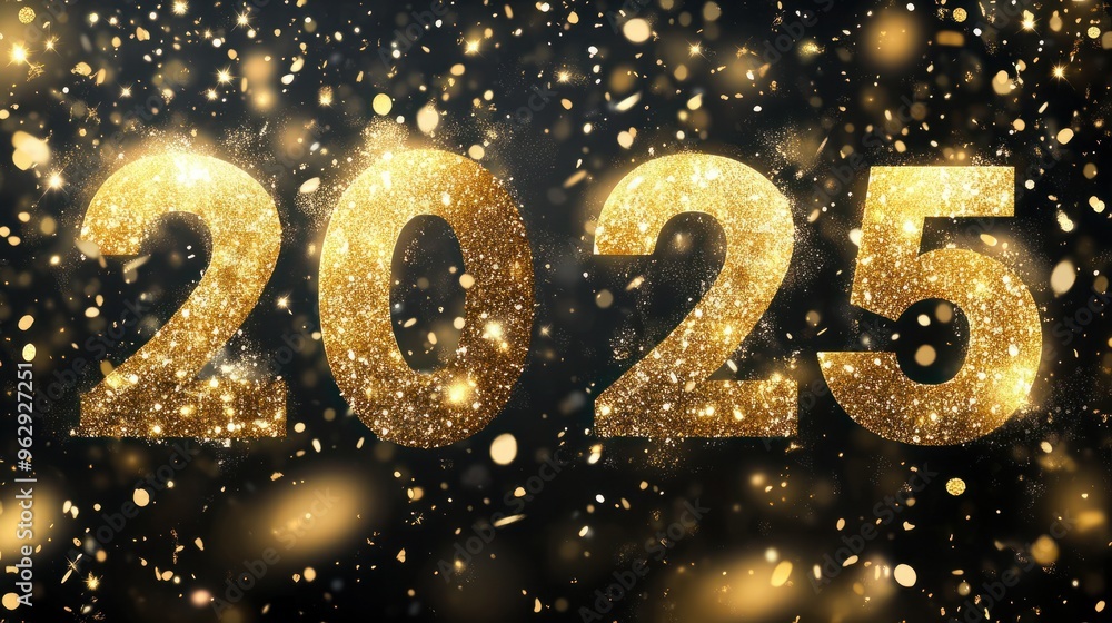 Modern happy new year 2025 design with gold numbers decorated with luxurious shiny glitter. Premium design for new year celebration. Modern happy new year 2025 design with gold numbers decorated with luxurious shiny glitter. Premium design for new year celebration.