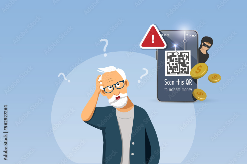 Cyber crime, phishing QR code. Scammer lure senior man to scan fraud QR ...