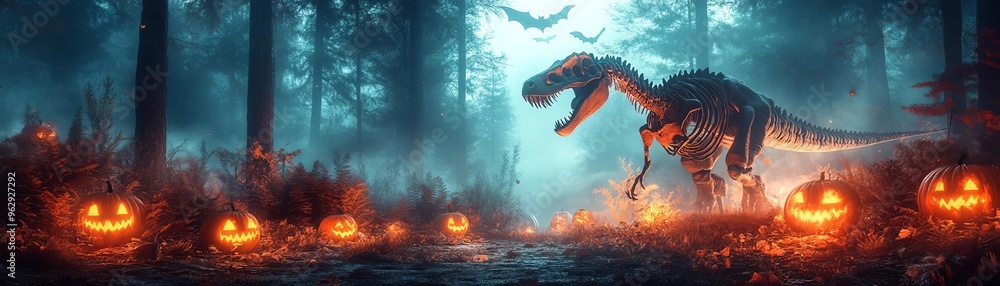 A skeletal dinosaur walking through a foggy forest with glowing pumpkins lining the path and bats flying overhead, ideal for Halloweenthemed advertising A skeletal dinosaur walking through a foggy forest with glowing pumpkins lining the path and bats flying overhead, ideal for Halloweenthemed advertising