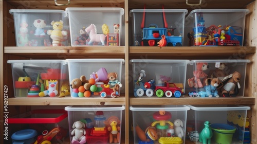 A well-organized toy shelf filled with an assortment of colorful toys arranged in transparent bins, creating a tidy and inviting play area for children.