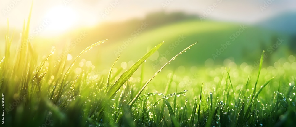 Dew Drops on Green Grass in Morning Sunlight Dew Drops on Green Grass in Morning Sunlight