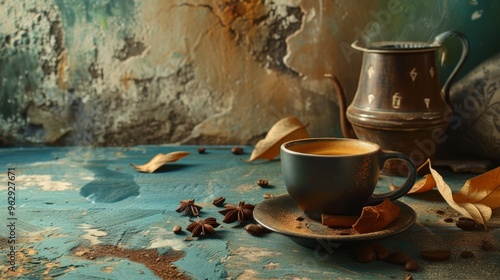 This atmospheric image features a rustic coffee setup with a cup of coffee, spices, and an antique pot. The textured background and warm tones evoke a sense of tradition and comfort, ideal for food