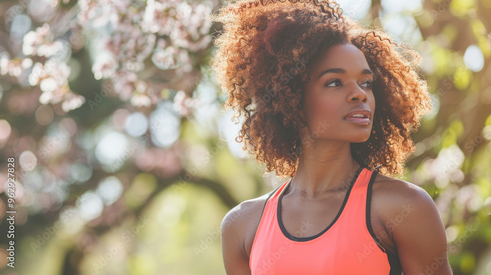 A young woman with curly hair stands confidently in a vibrant tank top, soaking up the spring sunshine in a blooming park A young woman with curly hair stands confidently in a vibrant tank top, soaking up the spring sunshine in a blooming park