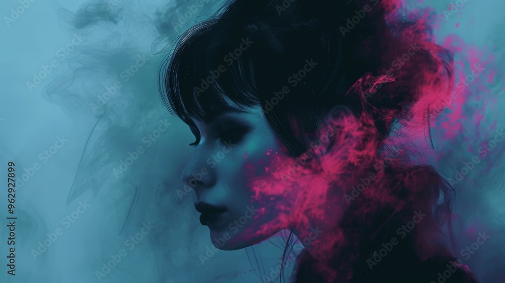 A striking portrait of a woman in dark, moody lighting, partially obscured by vibrant pink smoke swirling around her. The image exudes mystery and intrigue, blending dark and vivid elements. A striking portrait of a woman in dark, moody lighting, partially obscured by vibrant pink smoke swirling around her. The image exudes mystery and intrigue, blending dark and vivid elements.