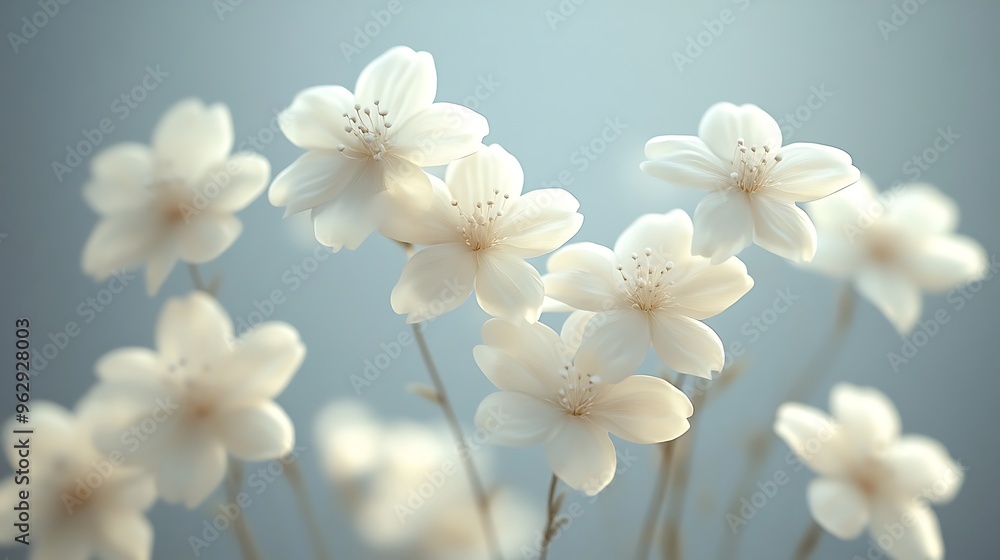 A cluster of delicate white flowers bloom against a soft blue sky. A cluster of delicate white flowers bloom against a soft blue sky.