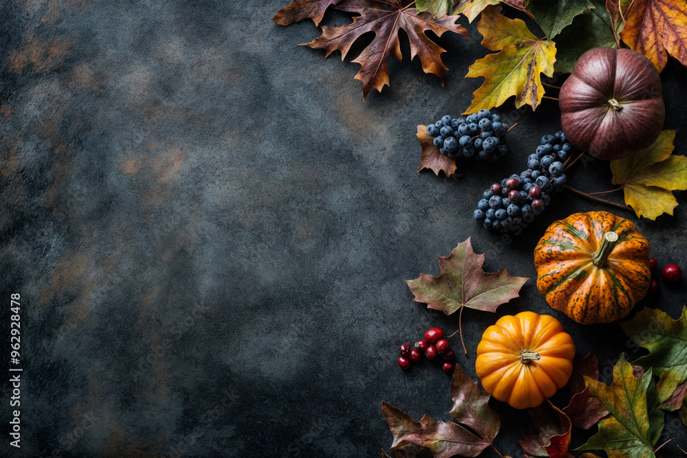 Fototapeta premium Autumn Harvest: Pumpkins Amidst Fallen Leaves and Acorns