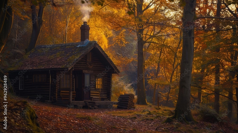 Cozy wooden cabin in autumn forest with smoke rising from chimney, surrounded by tall trees showing vibrant fall colors, perfect for tranquility Cozy wooden cabin in autumn forest with smoke rising from chimney, surrounded by tall trees showing vibrant fall colors, perfect for tranquility