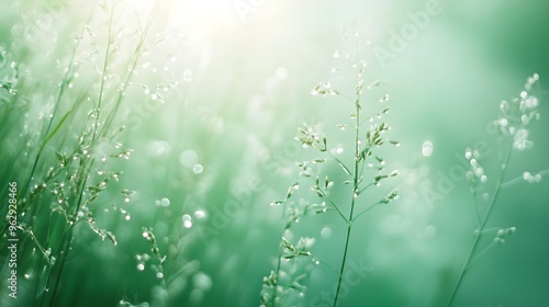 Green Grass with Dew Drops in Soft Sunlight