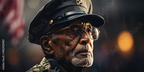 An elderly veteran, dressed in military uniform and wearing glasses, reflects during a heartfelt memorial tribute honoring fellow servicemen photo