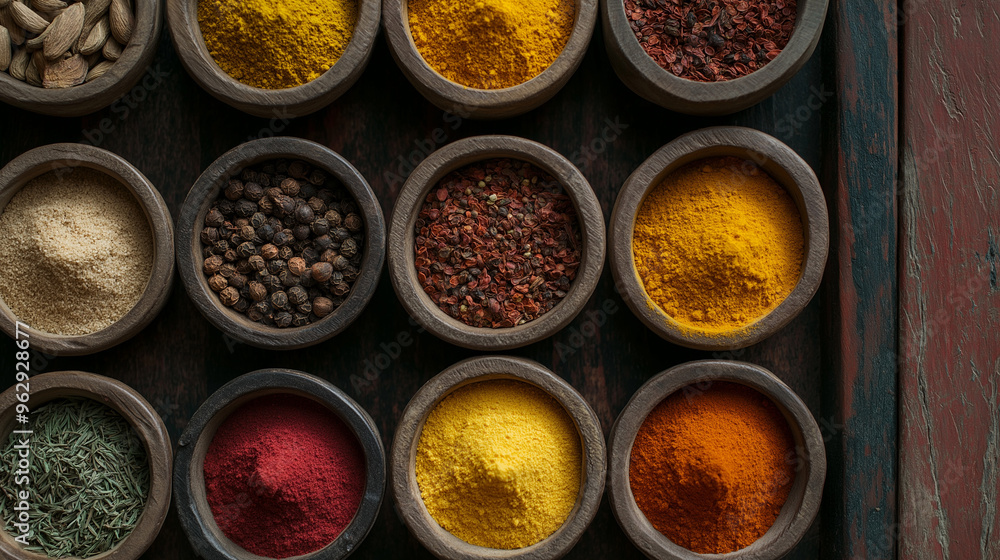 Colorful spices in rustic bowls Colorful spices in rustic bowls